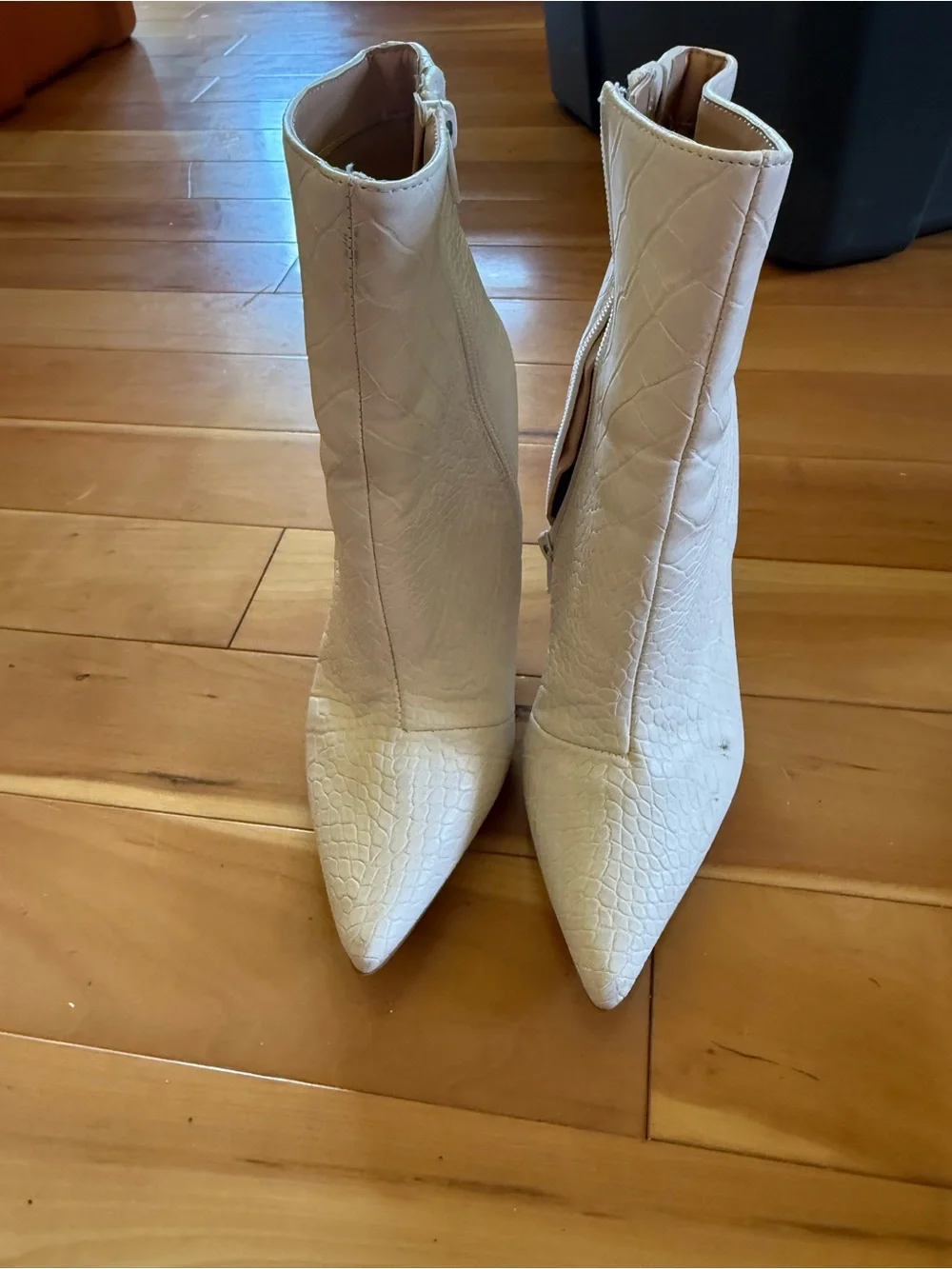 Express Cream Croc-Embossed Pointed Toe Ankle Booties